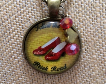 Wizard of Oz Ruby Slippers Necklace, Antique Gold Metal, "Follow The Yellow Brick Road", 20"