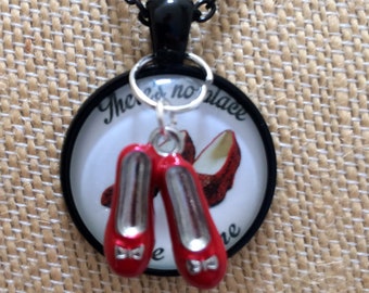 Wizard of Oz Ruby Slippers Necklace, Black Metal, "There's No Place Like Home", 20"