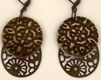 Handmade Layered Earrings with Hand Stamped Metal Disk and Filigree Floral Piece