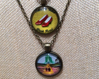 Wizard of Oz Double Layered Necklace Ruby Slippers & Yellow Brick Road, Antique Gold, 2 Layers