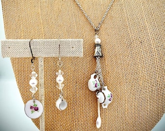 Tea Tassel Necklace and Earrings White with Roses China Silver Spoon Pearls Crystals Jewelry Set