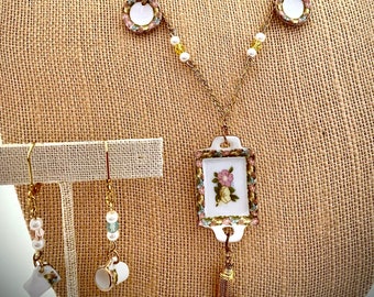 Tea Necklace & Earring Set with White and Pastel Pink, Blue, and Yellow Ceramic China Cups, Plates, Tray Charms, Tassel, Pearls and Chain