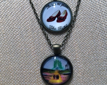 Layered Wizard of Oz Necklace, Ruby Slippers & Yellow Brick Road Pendants, Antique Gold Chain