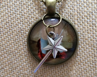 Wizard of Oz Ruby Slippers and Wand Necklace, Antique Gold Metal, Wand Charm, 20&quot;