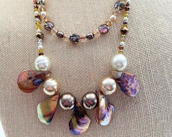 Abalone Drop Double Necklace with Mixed Metallic Glass Beads and Pearls