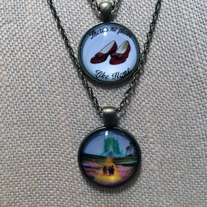 Layered Wizard of Oz Necklace, Ruby Slippers & Yellow Brick Road Pendants, Antique Gold Chain