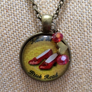 Wizard of Oz Ruby Slippers Necklace, Antique Gold Metal, &quot;Follow The Yellow Brick Road&quot;, 20&quot;