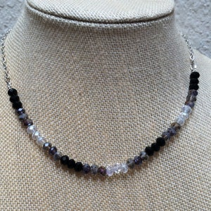 Crystal Necklace, Black, Gray and White Crystals and Silver Chain, Shaded, 17" Long