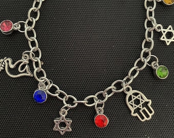 Jewish Charm Bracelet with Rainbow Crystals Hamsa Star of David Peace Dove Silver