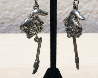 Witch Earrings with Broom Silver Lightweight Wizard of Oz Wicked