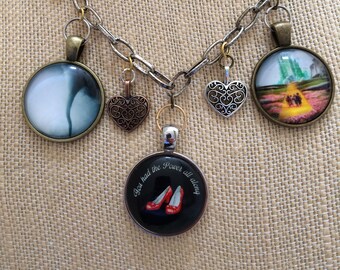 Wizard of Oz 3 Pendant Necklace with Yellow Brick Road, Ruby Slippers and Tornado Pendants and Heart Charms, Mixed Metals