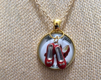 Wizard of Oz Ruby Red Slippers Necklace, Gold Metal, "There's No Place Like Home", 20"