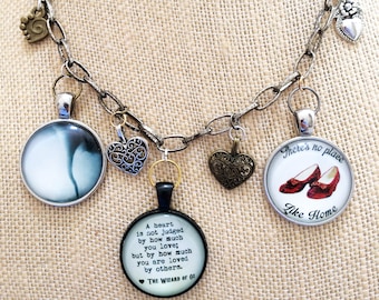 Wizard of Oz 3 Pendant Necklace with Heart Charms, Tornado, Wizard Quote, & Ruby Slippers, Mixed Metals