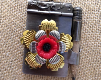 Notebook Necklace with Mixed Metals and Red Poppy, Gold & Silver, Opens, Has Paper and Pencil