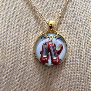 Wizard of Oz Ruby Red Slippers Necklace, Gold Metal, There's No Place Like Home, 20 image 1