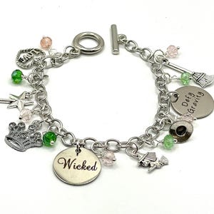 Wicked Charm Bracelet: Witch, Crown, Wand, Defy Gravity Glinda Elphaba Pink & Green Crystals