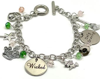 Wicked Charm Bracelet: Witch, Crown, Wand, Defy Gravity Glinda Elphaba Pink & Green Crystals