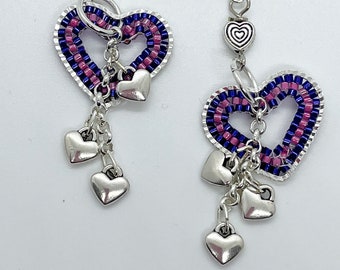 Handmade Beaded Heart Earrings Silver with Pink & Purple Beading Chain with 3 Heart Charms Valentines Day Mothers Day Birthday