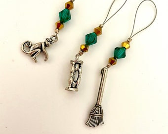 Wizard of Oz Stitch Markers with Monkey Hourglass and Witch's Broom Charms For Knitters Crochet