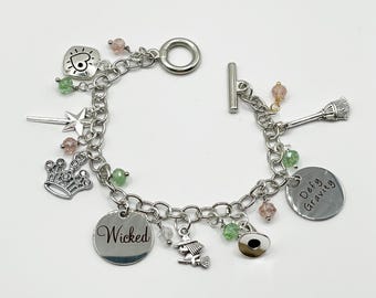 Wicked Charm Bracelet: Witch, Crown, Wand, Pink & Green Crystals