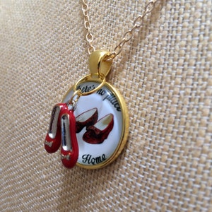 Wizard of Oz Ruby Red Slippers Necklace, Gold Metal, There's No Place Like Home, 20 image 2
