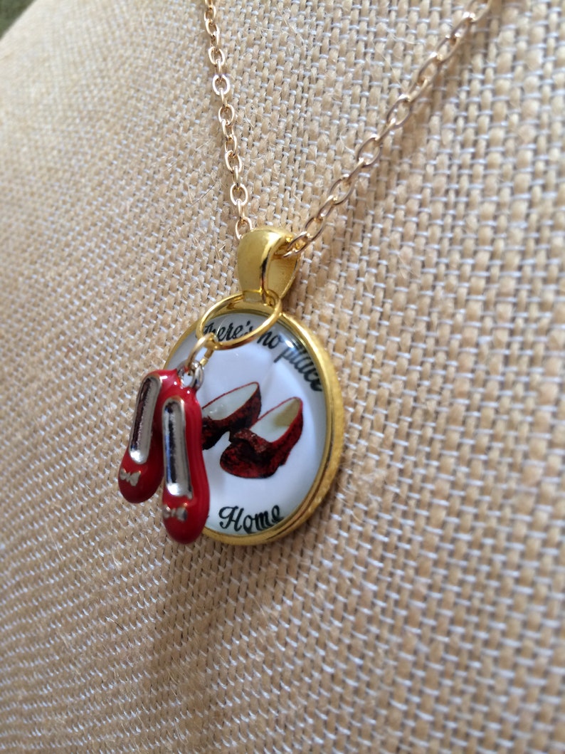 Wizard of Oz Ruby Red Slippers Necklace, Gold Metal, There's No Place Like Home, 20 image 2