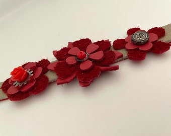 Genuine Leather and Mixed Media Floral Bracelet Red Tan Crystal Beads Metal Components