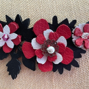Genuine Leather and Mixed Media Floral Necklace and Earrings Black White Red Crystal Pearl Metal Filigree