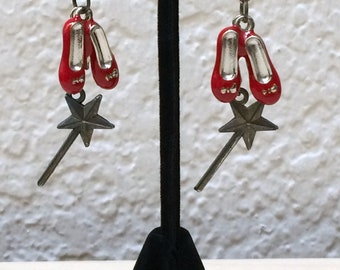 Wizard of Oz Red Shoes Wand Earrings Ruby Slippers Magical