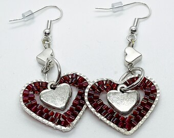 Handgemachte Perlen Herz Ohrringe Silber mit roten Perlen Herz Charme Valentinstag Muttertag Geburtstag