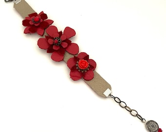 Genuine Leather and Mixed Media Floral Bracelet Red Tan Crystal Beads Lacy Metal Features