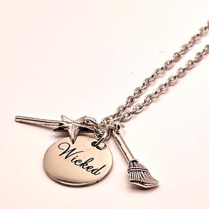 Wicked Necklace with Broom and Wand Charms, 16&quot; Chain, Silver Tone