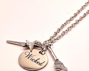 Wicked Necklace with Broom and Wand Charms, 16" Chain, Silver Tone