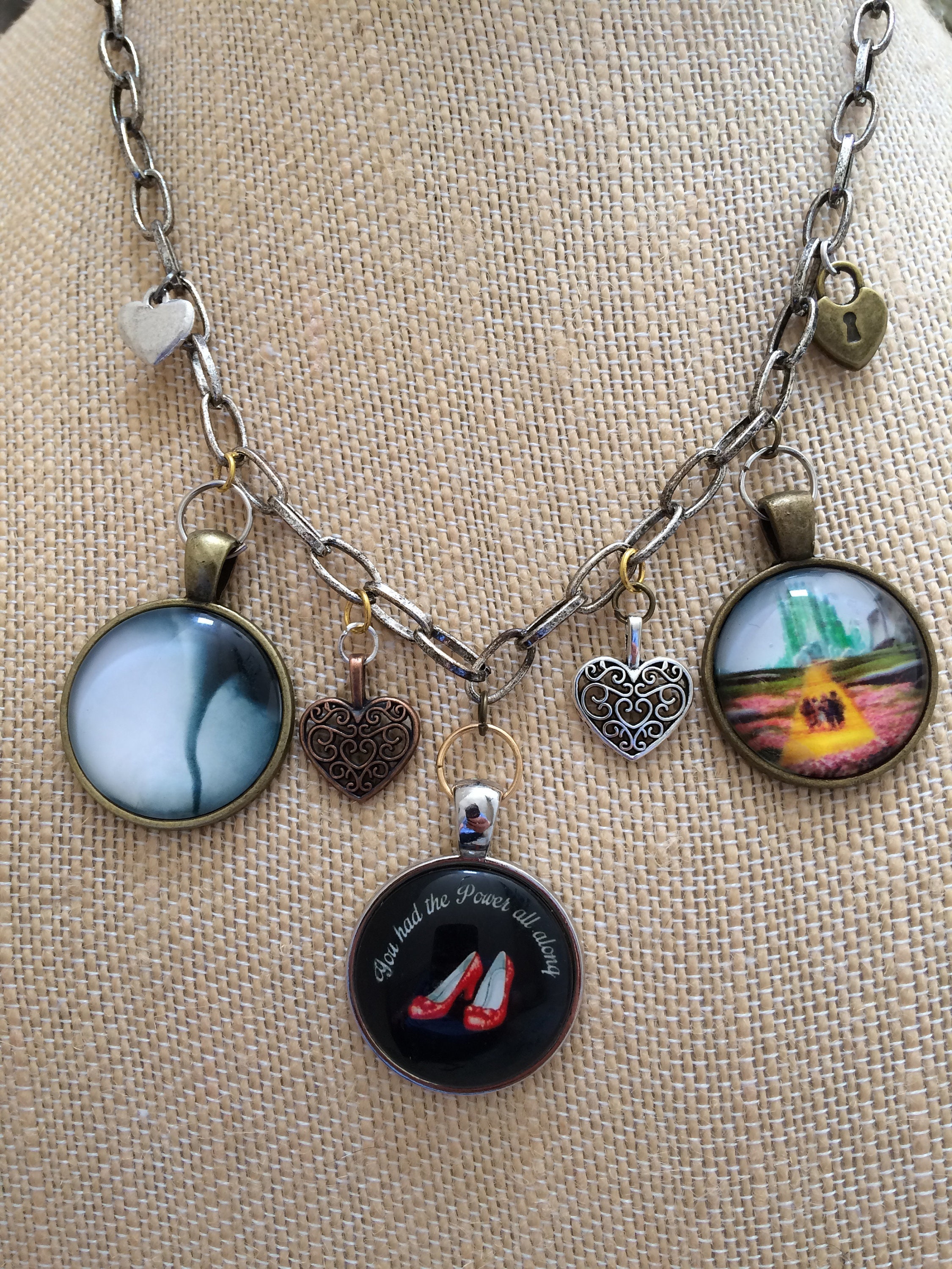 Wizard of Oz 3 Pendant Necklace with Yellow Brick Road, Ruby Slippers and Tornado Pendants and Heart Charms, Mixed Metals