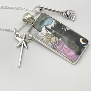 Wicked Elphaba and Galinda Graphic Pendant Necklace with Wand and Broom Charms