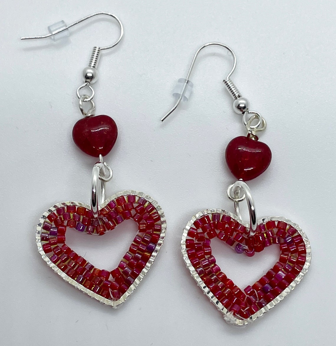 Handmade Beaded Heart Earrings Silver With Red Valentines Day Mothers