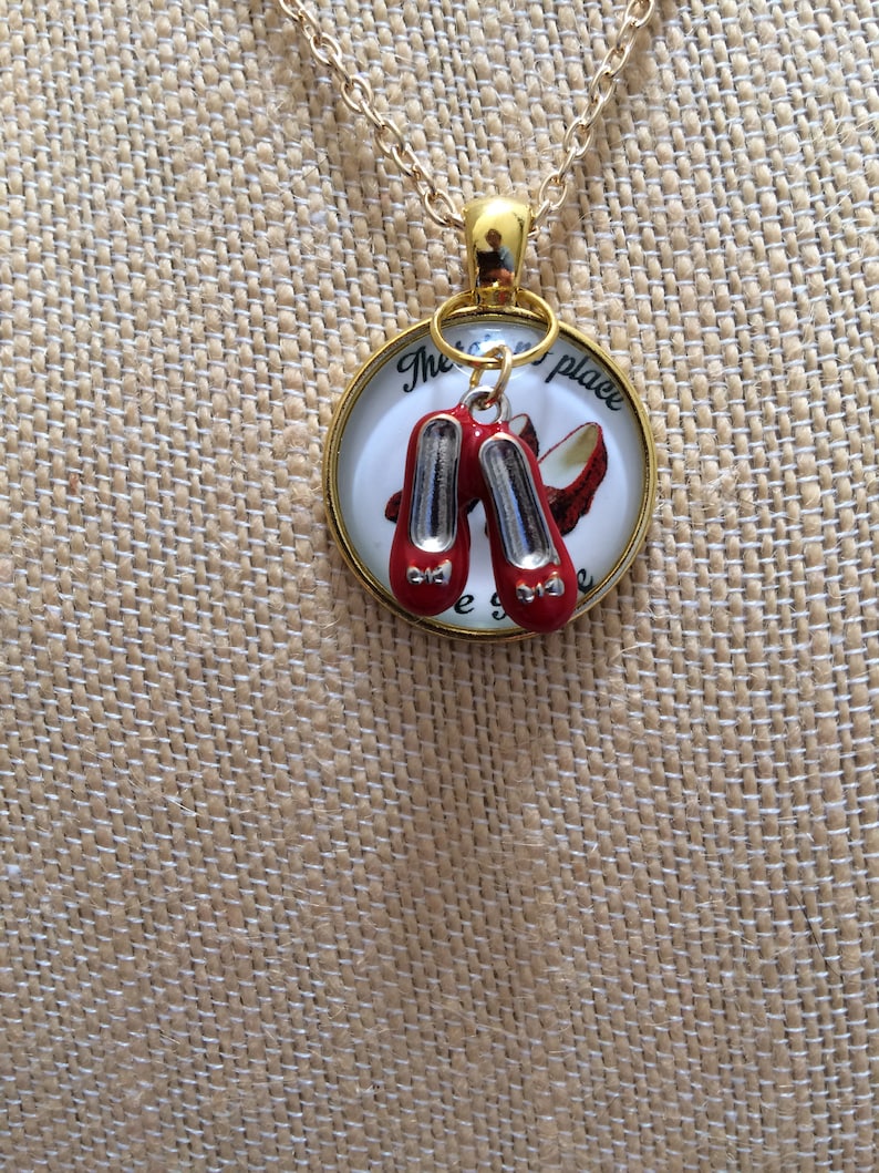 Wizard of Oz Ruby Red Slippers Necklace, Gold Metal, There's No Place Like Home, 20 image 1