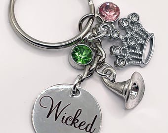 Wicked Movie, Book and Play Key Chain with Crown Witch&#39;s Hat Wicked Charm and Pink and Green Faceted Crystal Drops