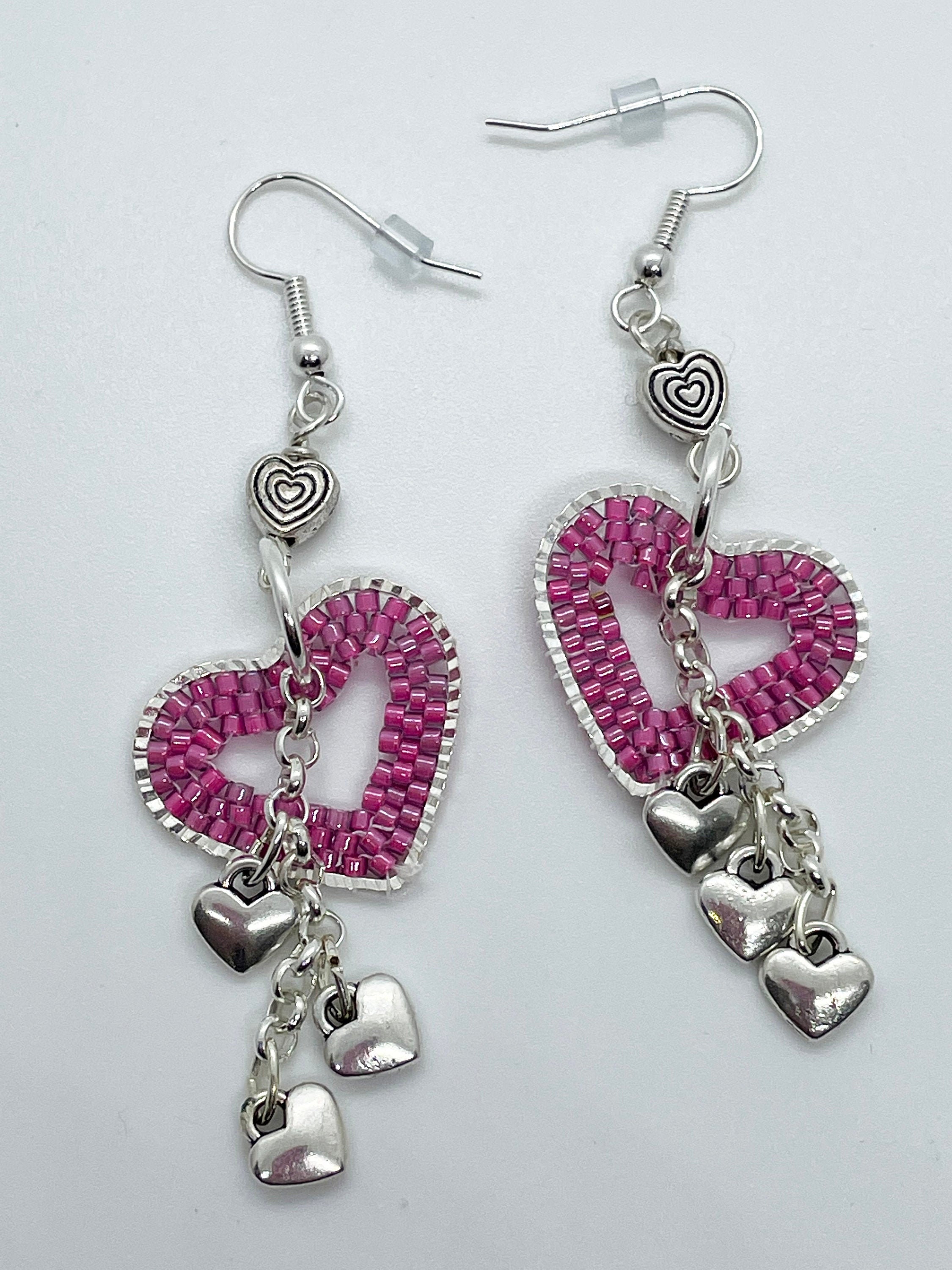 Handmade Beaded Heart Earrings Silver With Pink Beading Chain Etsy UK
