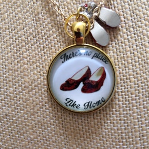 Wizard of Oz Ruby Red Slippers Necklace, Gold Metal, There's No Place Like Home, 20 image 3