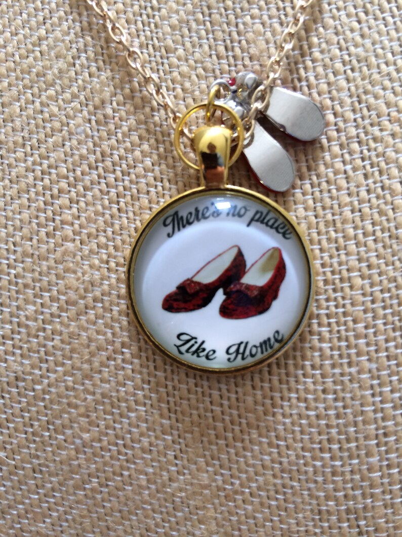 Wizard of Oz Ruby Red Slippers Necklace, Gold Metal, There's No Place Like Home, 20 image 3