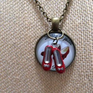 Wizard of Oz Ruby Slippers Necklace, Antique Gold Metal, &quot;There&#39;s No Place Like Home&quot;, 20&quot;, Red Shoes Charm