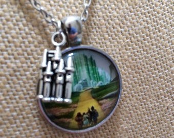 Wizard of Oz Yellow Brick Road Pendant Necklace with Castle Charm, Silver Chain, 20&quot;