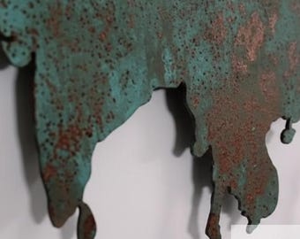 Unique world map made of steel with genuine rust and copper patina – Handmade 3D wall decoration, industrial design, Made in Germany