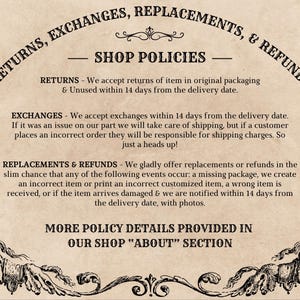 Puede incluir: Una ilustraci&oacute;n de estilo vintage que muestra las pol&iacute;ticas de devoluci&oacute;n, cambio, reemplazo y reembolso de una tienda. El texto est&aacute; escrito en una fuente decorativa e incluye detalles sobre los plazos y las condiciones de cada pol&iacute;tica.