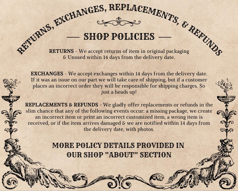May include: A vintage-style illustration of a shop's return, exchange, replacement, and refund policies. The text is written in a decorative font and includes details about the timeframes and conditions for each policy.