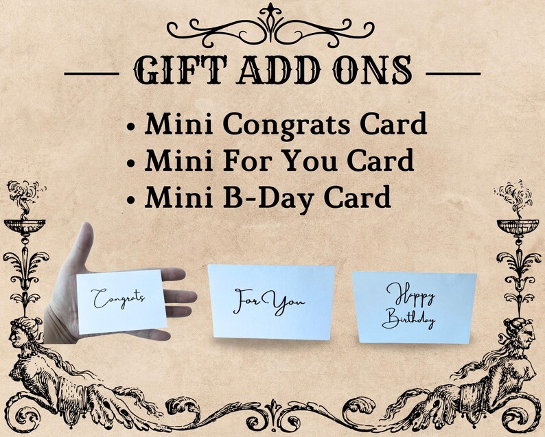 May include: Three small cards with handwritten messages: "Congrats", "For You", and "Happy Birthday". The cards are on a beige background with a decorative border.