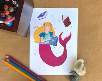 Mermaid Reading Books Illustration