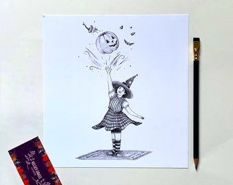 Plaid Skirt Pumpkin Carving Witch Illustrated Print