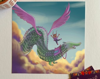 Dragon Flight in the Clouds Illustrated Print